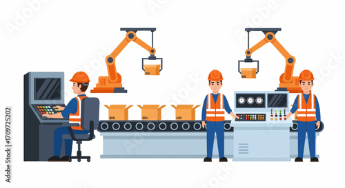 Automated factory production line with robotic arms and human workers operating machinery.