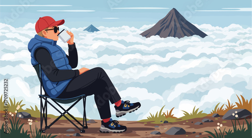 A man in a red cap and blue vest sits on a camping chair, drinking from a mug while looking at mountain peaks above the clouds.
