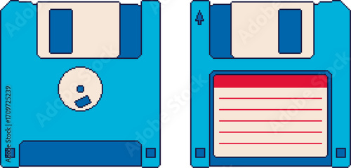 Pixel art blue floppy disks front and back view. Vector illustration set