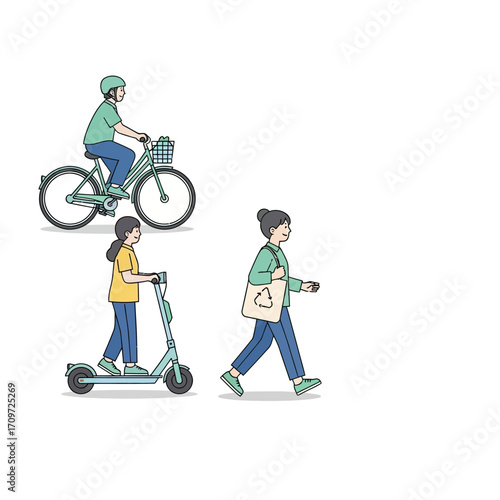 Illustration of people using different modes of transport, including cycling, scootering, and walking.