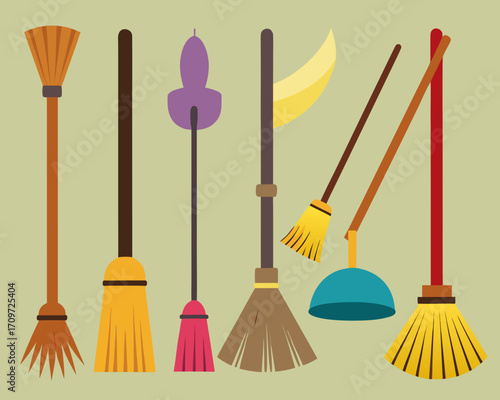 Collection of colorful cartoon brooms and cleaning tools on a plain background