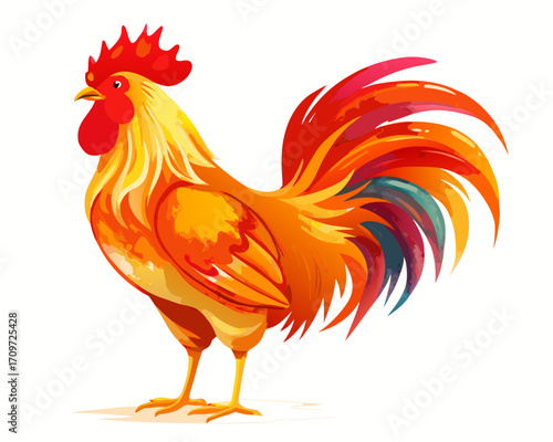 Vibrant rooster illustration with colorful tail feathers
