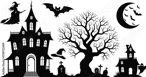 Haunted House with Witch, Bats, Moon, Graveyard and Tree – Spooky Halloween Silhouette Vector for Posters, Decorations, and Invitations