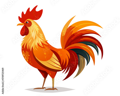 Vibrant rooster with fiery feathers standing proudly