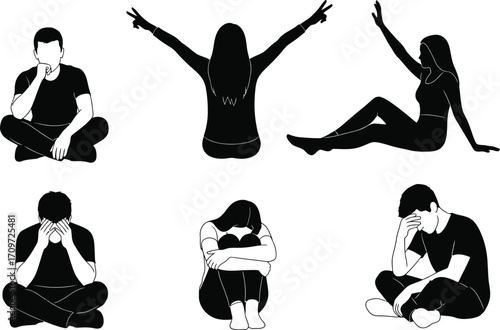 People sitting poses vector illustration silhouette set