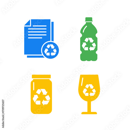 Four distinct recycling symbols representing paper, plastic bottles, glass jars, and glassware, all on a white background.