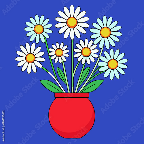 Bouquet of daisies in a red vase on a blue background