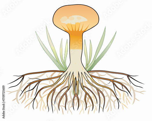 Illustration of a mushroom with visible roots and grass blades