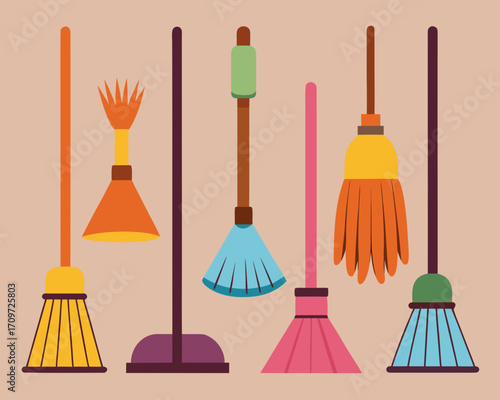 Collection of colorful cartoon brooms and cleaning tools