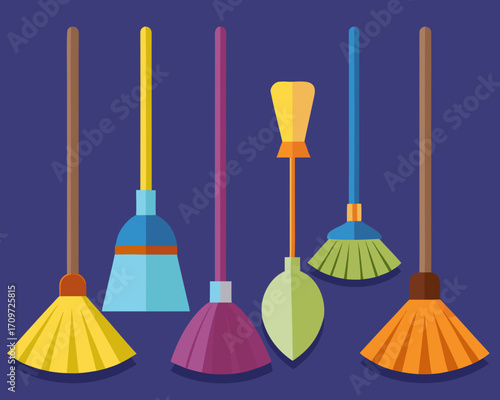 Collection of colorful flat design brooms and cleaning tools