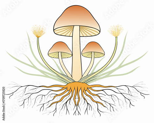 Illustration of mushrooms with visible roots and surrounding foliage