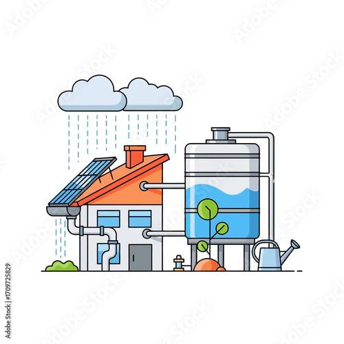Illustration of a house with solar panels, a water tank, and a watering can, representing rainwater harvesting.