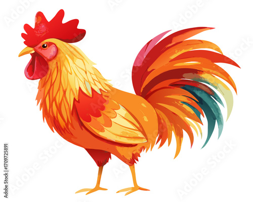 Vibrant watercolor rooster illustration with colorful tail feathers