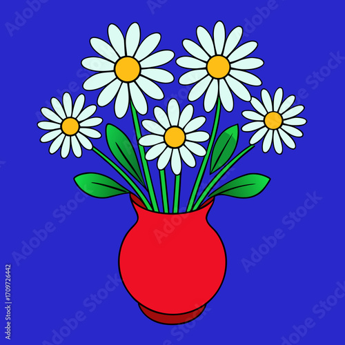 Simple illustration of daisies in a red vase on a blue background