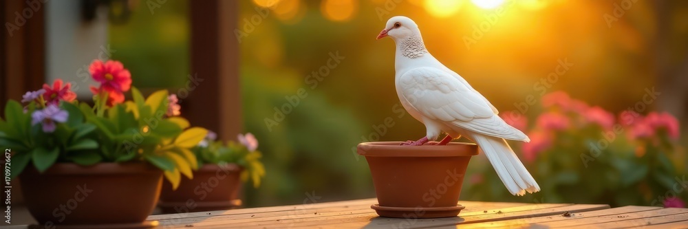 Obraz premium A beautiful white dove coos contentedly from a ceramic flower pot on a wooden patio at sunset, sunset, patio, white dove