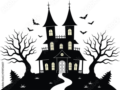 Haunted spooky house with glowing windows, creepy bare trees, flying bats, and eerie atmosphere perfect for Halloween horror design.