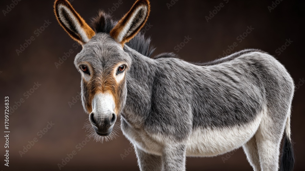 Fototapeta premium A donkey with brown ears and a white face stands in front of a brown background. The donkey appears to be looking at the camera, possibly curious or alert