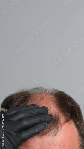 Doctor in black gloves performing scalp injection for hair loss treatment on man with thinning hair, concept of alopecia therapy and trichology procedure. Vertical video.
