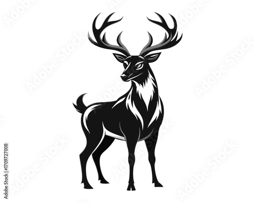 Stylized black and white deer illustration with majestic antlers