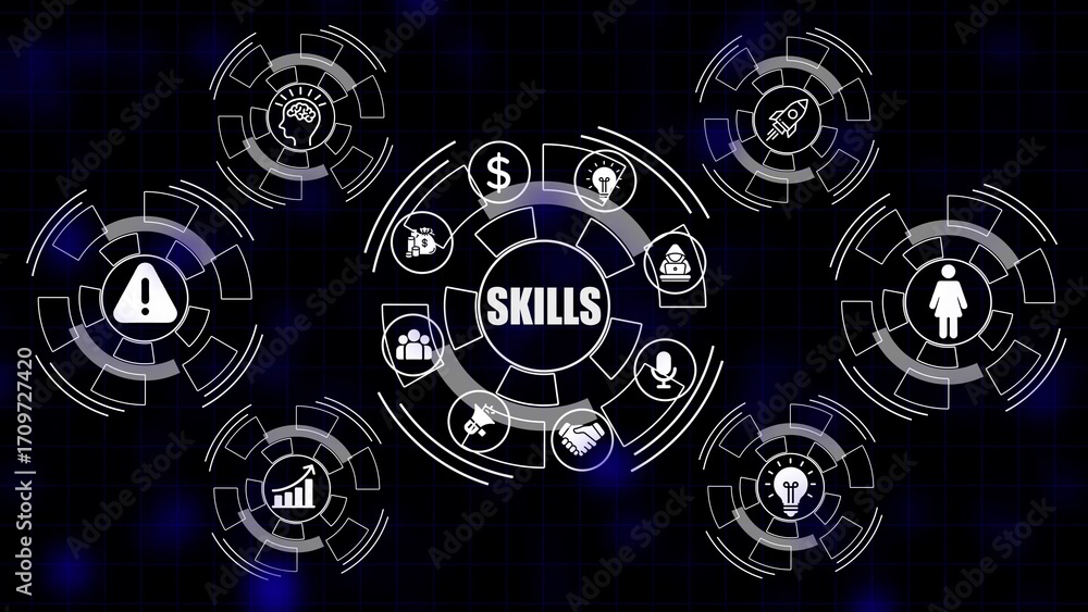 Fototapeta premium Central word S K I L S surrounded by white icons in circular gears on dark blue background skills learning