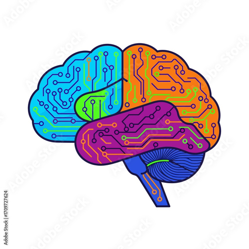 A stylized human brain illustrated as a circuit board, showcasing interconnected pathways in vibrant colors.