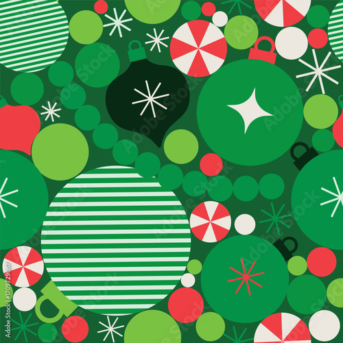 Festive Green and Red Christmas Ornament Seamless Pattern with Peppermint Candy Circles and Holiday Baubles on Dark Green Background