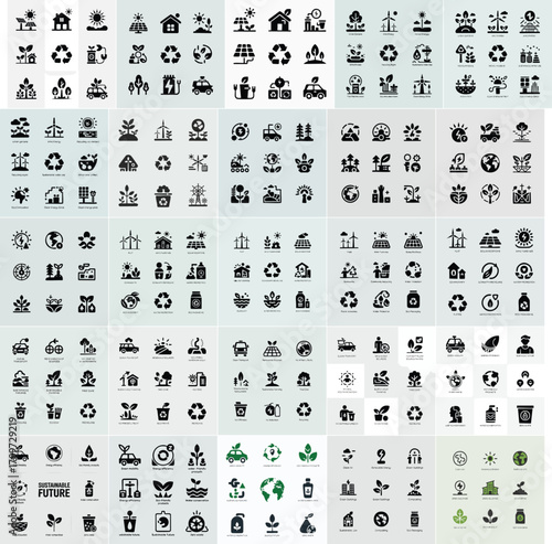Collection of black and white eco-friendly icons, depicting various sustainable practices and concepts.