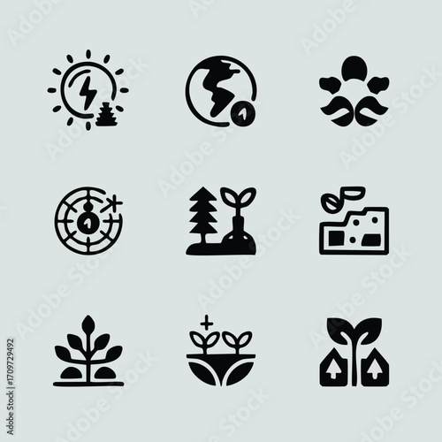 A collection of minimalist icons depicting environmental concepts and natural elements.