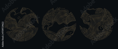 Abstract Japanese vector logos with golden waves, circular ornaments, elegant line textures, Asian sea and river motifs. Modern oriental background luxury posters, labels.