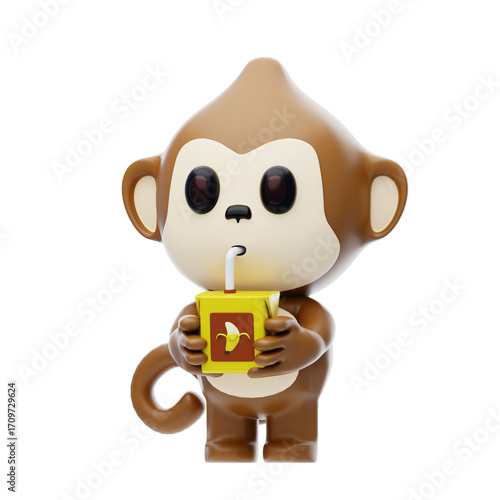 Monkey Drinks Banana Juice In A Box 3D Character Illustration.