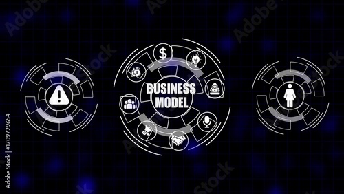 Digital diagram of business model components with icons for finance teamwork and warning signs image