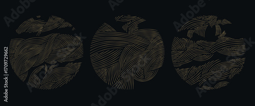 Abstract Japanese vector logos with golden waves, circular ornaments, elegant line textures, Asian sea and river motifs. Modern oriental background luxury posters, labels.