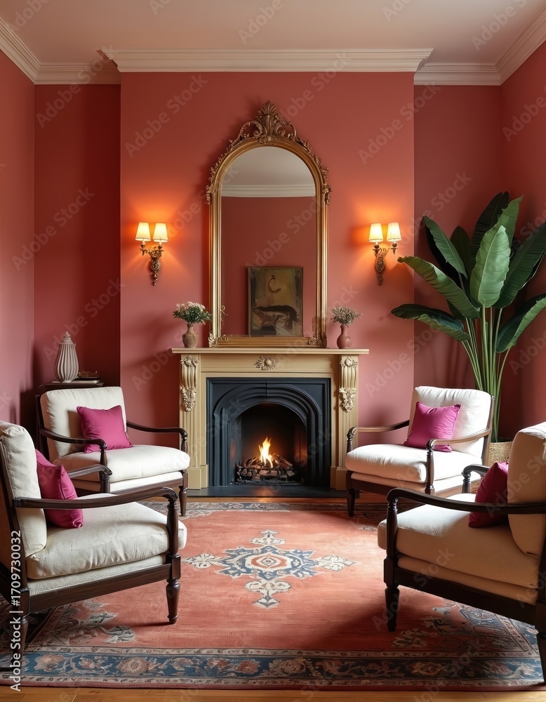 Fototapeta premium Cozy eclectic living room features plush couch, classic ornate mirror above fireplace. Red walls, patterned carpet in peach, pink tones. Elegant furniture, houseplants create luxurious, chic