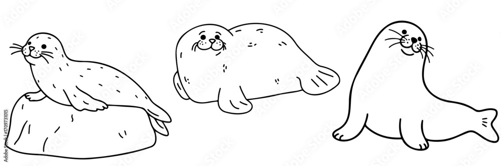 Obraz premium Three cartoon seals lounging on rocks in a simple line art style 