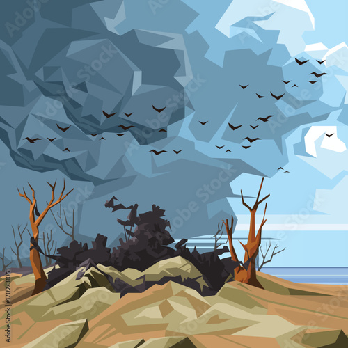 Abandoned landfill with flying birds over polluted landscape - low poly geometric vector illustration of environmental destruction and waste.