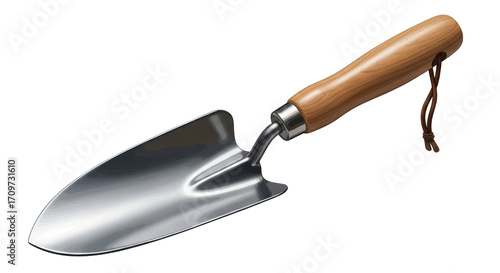 Isolated gardening trowel with wood handle and leather strap, tool for home gardening