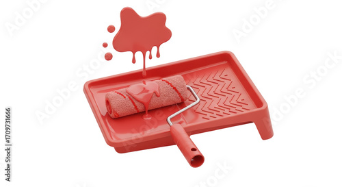 Isolated paint roller and tray filled with red paint for home improvement project use