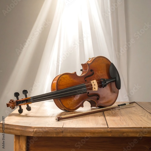 Violin on wooden table by window