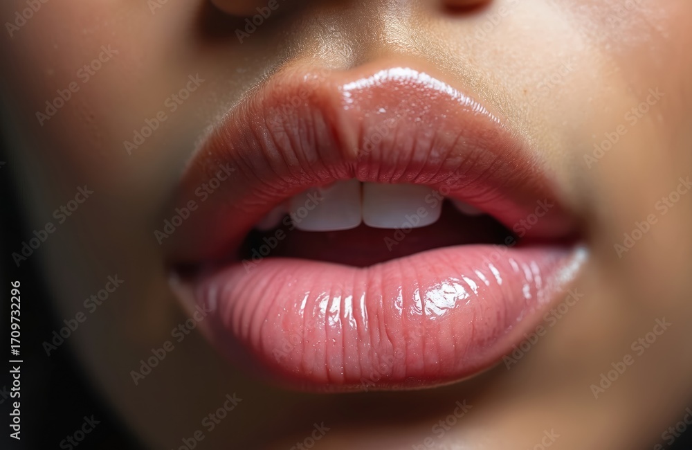 Fototapeta premium Close-up of Indian teenage girl lips. Pink lips curve with white teeth. Soft gray background makes lips stand out. Slightly open mouth inner lips. Beauty, facial expression, teenage girl, close-up,