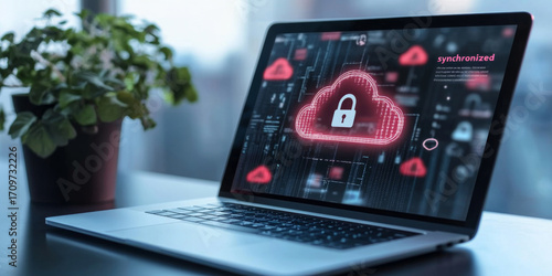 Laptop displaying cloud security interface on screen with green plant background