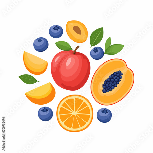 Fruits and berries set. Grapefruit, mango, plum, apricot, blueberry assortment collection. Fruit harvesting concept. Vector illustration.