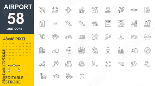 Airport Line Icons Set – Editable Stroke Vector Pack, Aviation and Travel Icon Collection – Minimal Line Vector, Airport Services and Facilities Icons – Thin Line Bundle