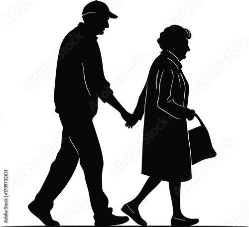 Elderly couple walking hand in hand silhouette vector