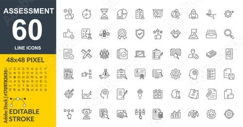 Assessment Line Icons Set – Editable Stroke Vector Pack, Evaluation and Report Symbols – Minimal Thin Line Icon, 48x48 Pixel Vector Collection