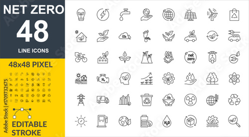 Net Zero Line Icon Set, 48 Editable Stroke Icons, Clean Energy, Environment, Green Technology Outline Icons, Climate Action, Eco-Friendly, Renewable Energy,48x48 Pixel Pack Bundle