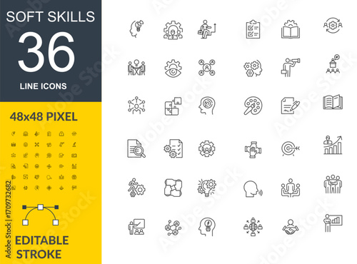 Soft Skills Line Icon Set, 36 Editable Stroke Symbols, Minimal Outline Icons for Communication, Leadership, Teamwork, 48x48 Pixel Soft Skills Thin Line Vector Collection