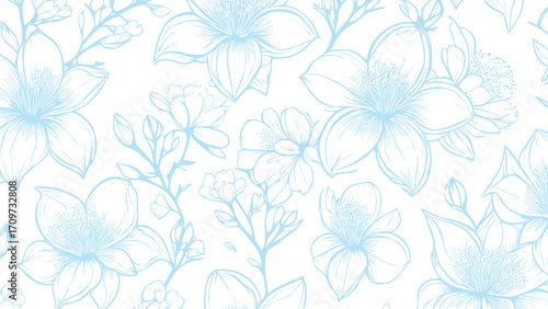 Blue and white seamless patterns background with flowers sakura.  Botanic tropical wallpaper with daisies flower and leaves. 