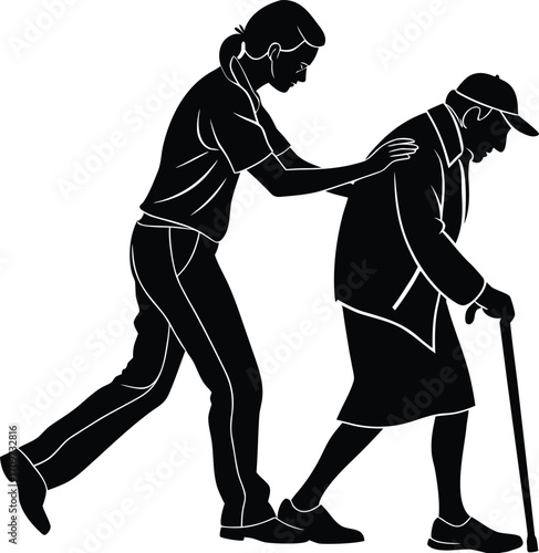 Elderly person assisted by caregiver silhouette vector
