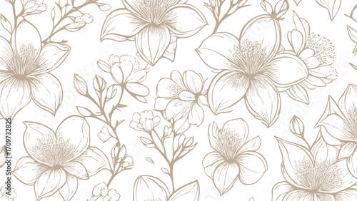 Brown and white seamless patterns background with flowers sakura.  Botanic tropical wallpaper with daisies flower and leaves. 