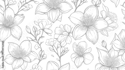 Wallpaper Mural Grey and white seamless patterns background with flowers sakura.  Botanic tropical wallpaper with daisies flower and leaves.  Torontodigital.ca